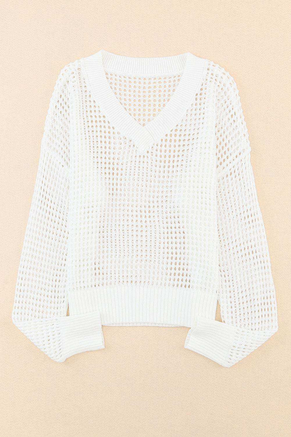 Openwork V-Neck Dropped Shoulder Knit Top - Trendsi - Flyclothing LLC