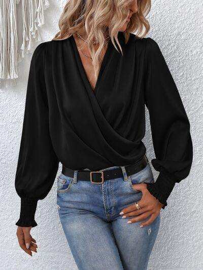 Surplice Smocked Lantern Sleeve Blouse - Trendsi - Flyclothing LLC