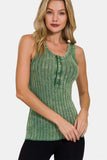 Zenana Washed Ribbed Half Snap Henry Tank - Trendsi - Flyclothing LLC