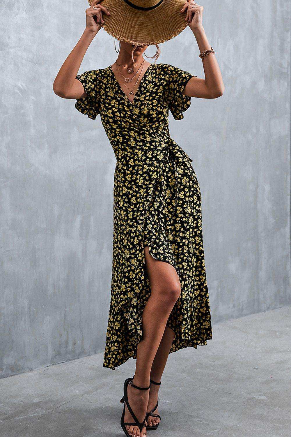 Floral Surplice Neck Tied Midi Dress - Trendsi - Flyclothing LLC
