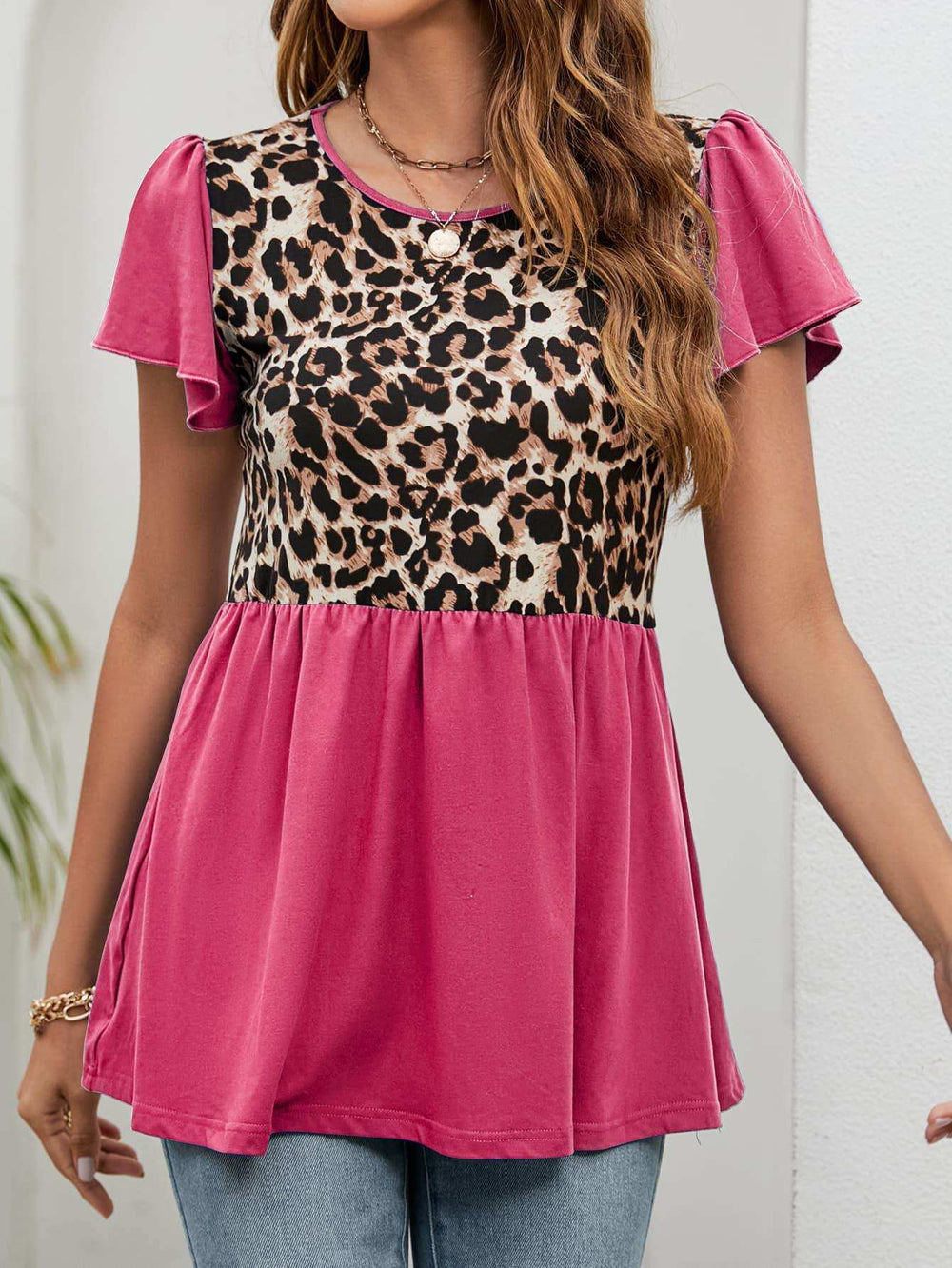 Leopard Round Neck Flutter Sleeve Babydoll Blouse - Trendsi - Flyclothing LLC