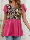 Leopard Round Neck Flutter Sleeve Babydoll Blouse - Trendsi - Flyclothing LLC