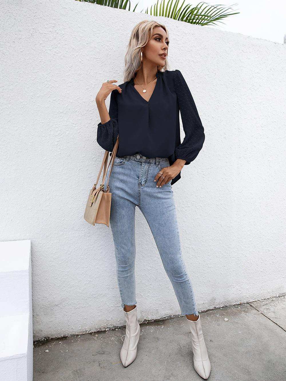 Swiss Dot Frill Trim Puff Sleeve Blouse - Trendsi - Flyclothing LLC