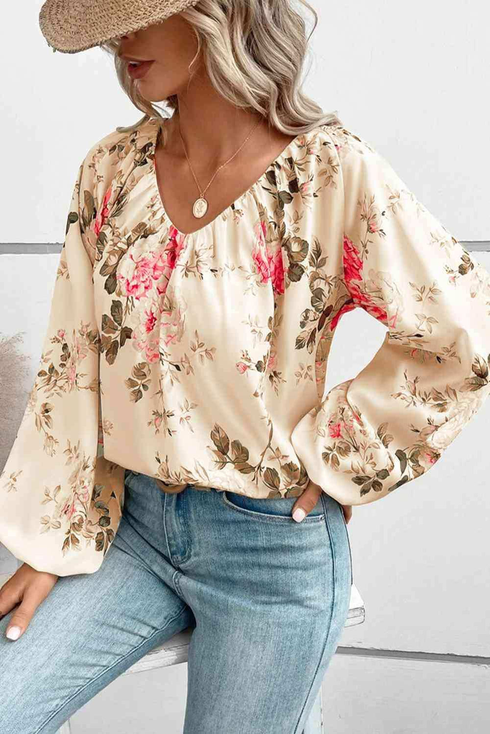 Floral V-Neck Balloon Sleeve Blouse - Trendsi - Flyclothing LLC
