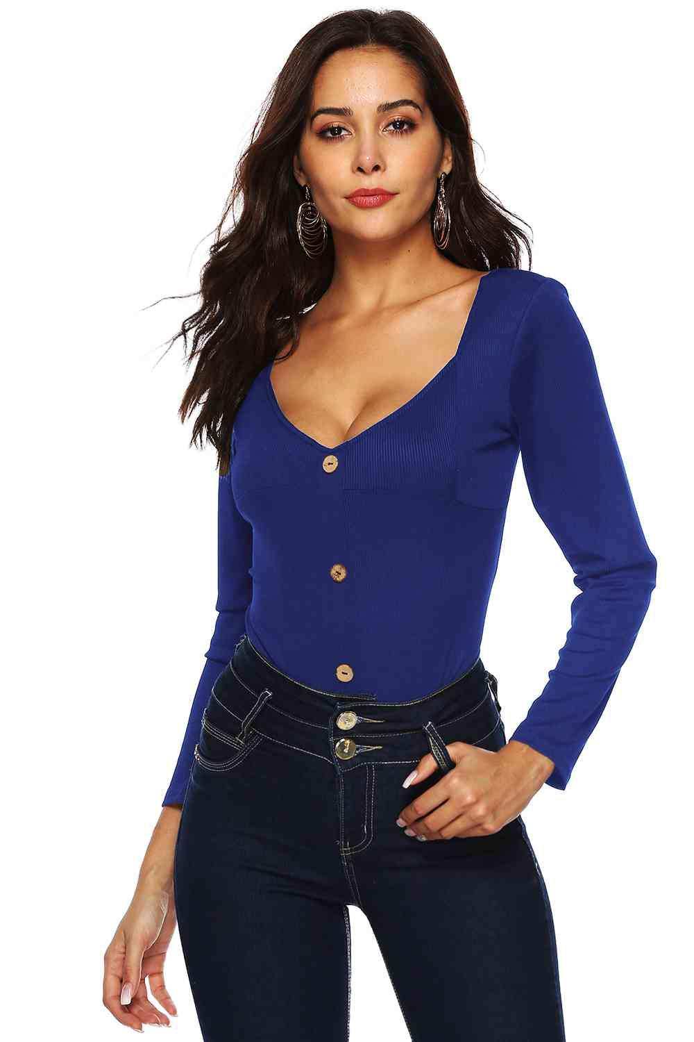 Button Detail Bodysuit - Trendsi - Flyclothing LLC