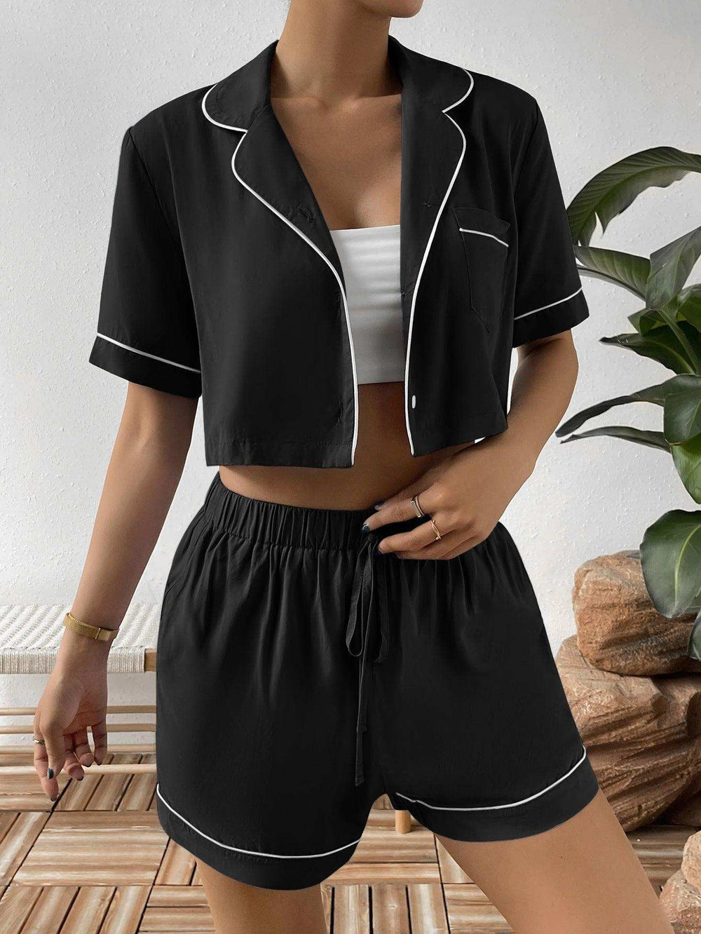 Contrast Lapel Collar Cropped Shirt and Shorts Lounge Set - Trendsi - Flyclothing LLC