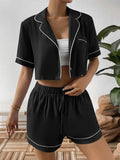 Contrast Lapel Collar Cropped Shirt and Shorts Lounge Set - Trendsi - Flyclothing LLC