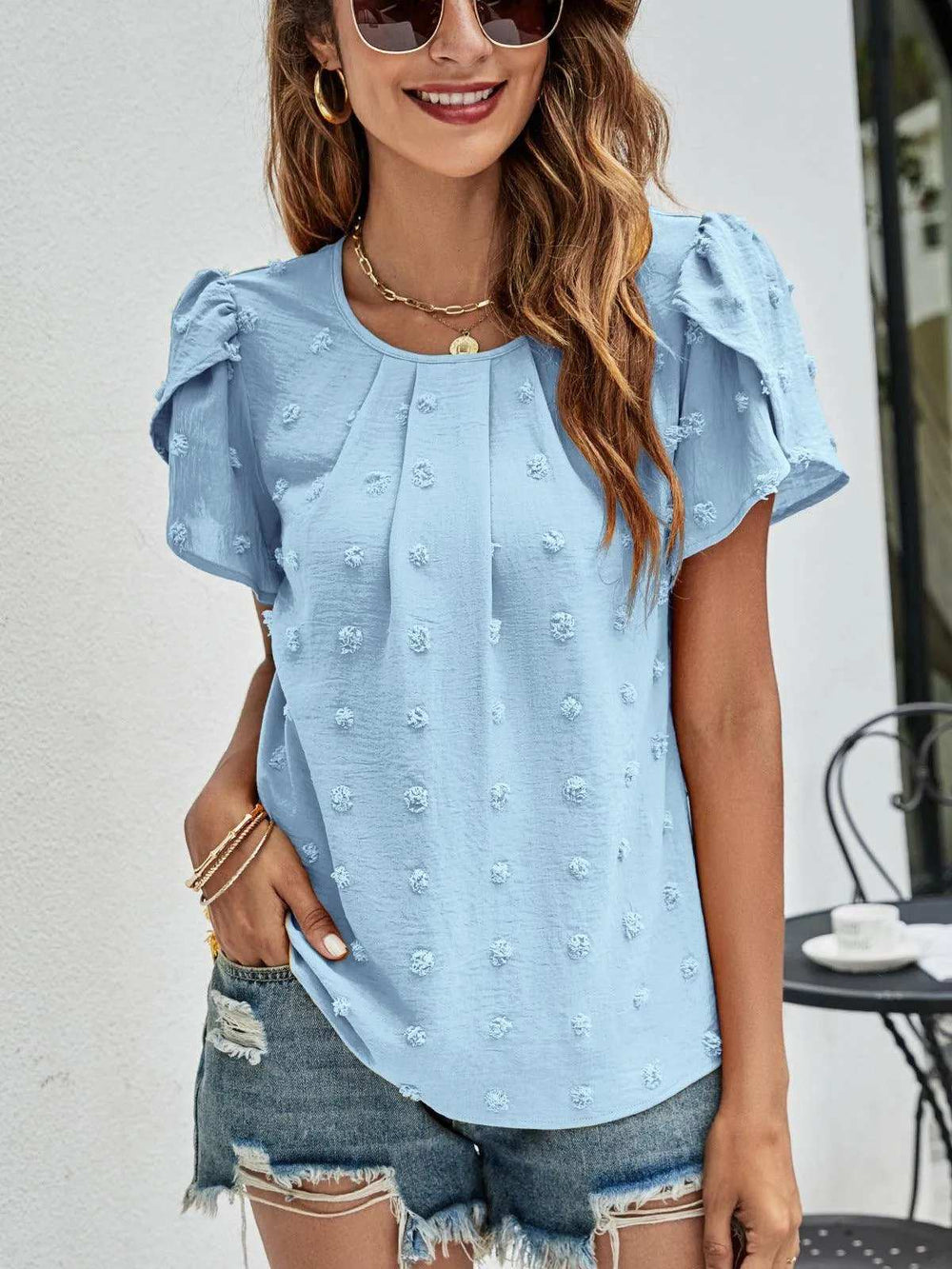 Swiss Dot Round Neck Petal Sleeve Top - Trendsi - Flyclothing LLC