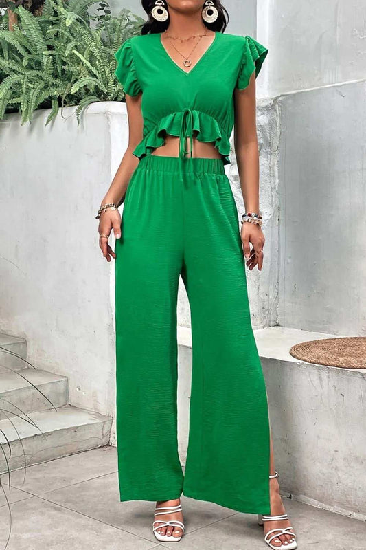 V-Neck Ruffle Hem Top and Slit Pants Set - Trendsi - Flyclothing LLC