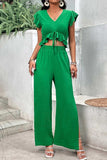 V-Neck Ruffle Hem Top and Slit Pants Set - Trendsi - Flyclothing LLC