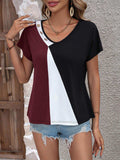 Color Block Decorative Button V-Neck Tee - Trendsi - Flyclothing LLC