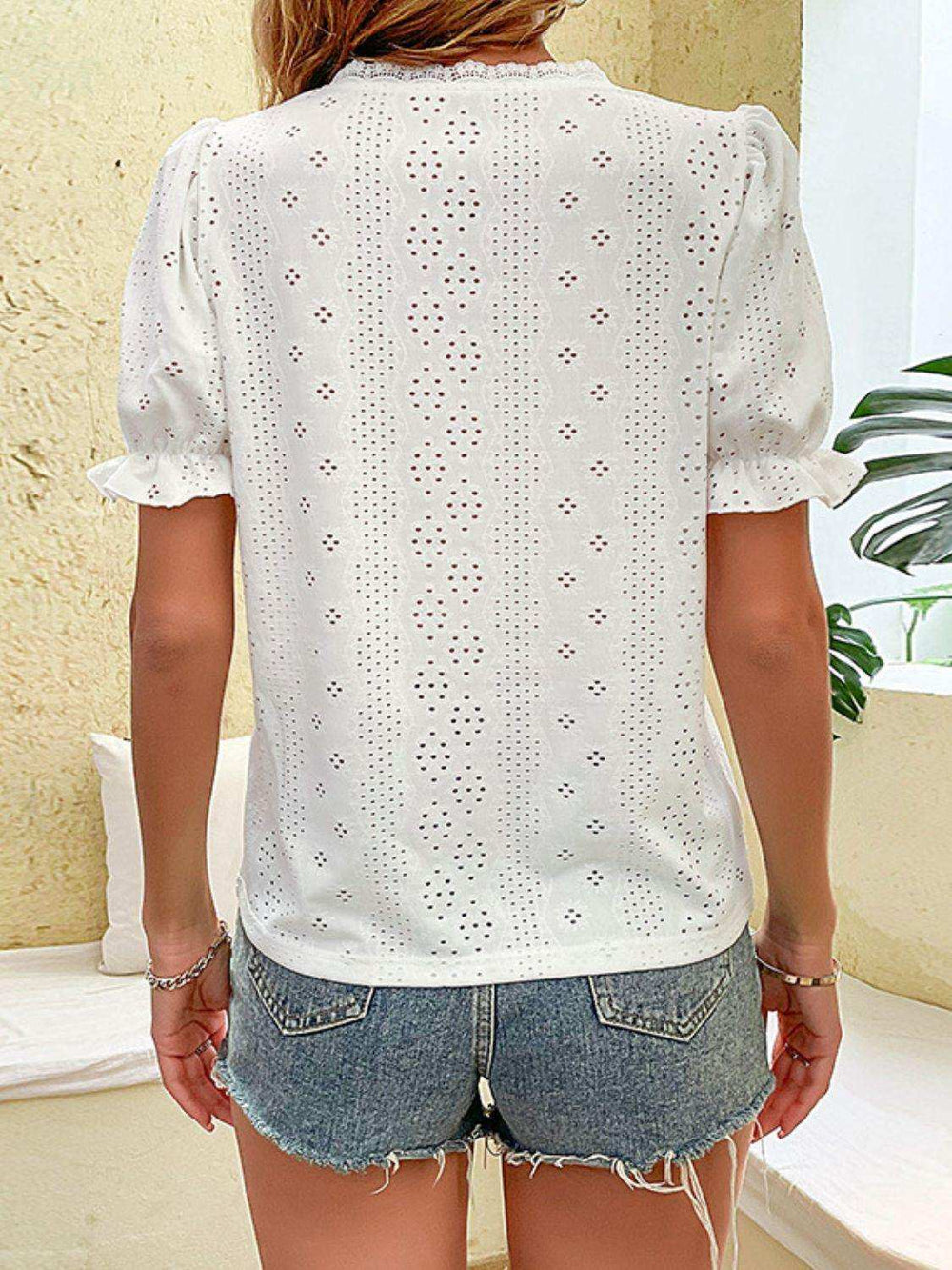 Buttoned V-Neck Flounce Sleeve Top - Trendsi - Flyclothing LLC