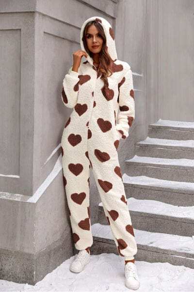 Fuzzy Heart Zip Up Hooded Lounge Jumpsuit - Trendsi - Flyclothing LLC