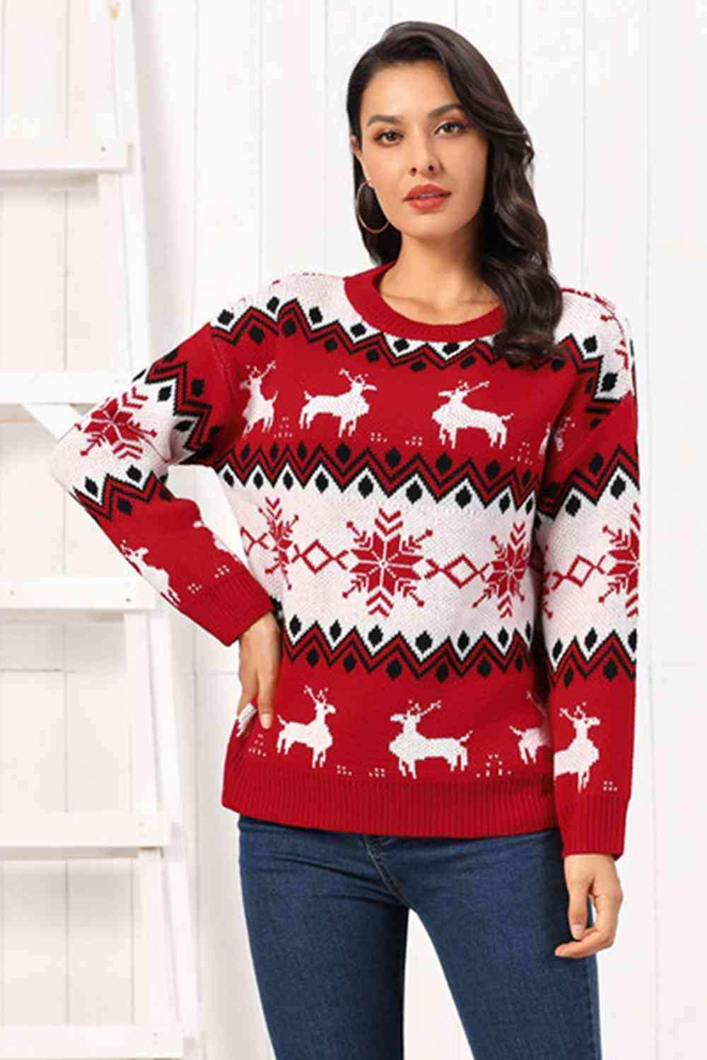 Reindeer Round Neck Sweater - Trendsi - Flyclothing LLC