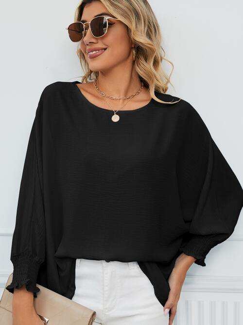 Smocked Lantern Sleeve Round Neck Blouse - Trendsi - Flyclothing LLC