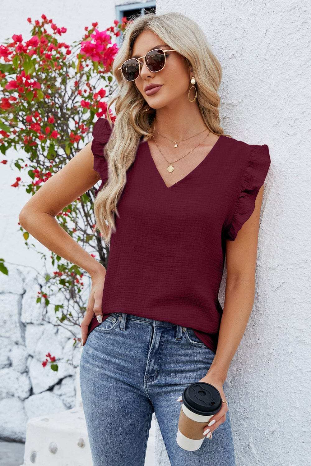 Ruffled V-Neck Cap Sleeve Blouse - Trendsi - Flyclothing LLC