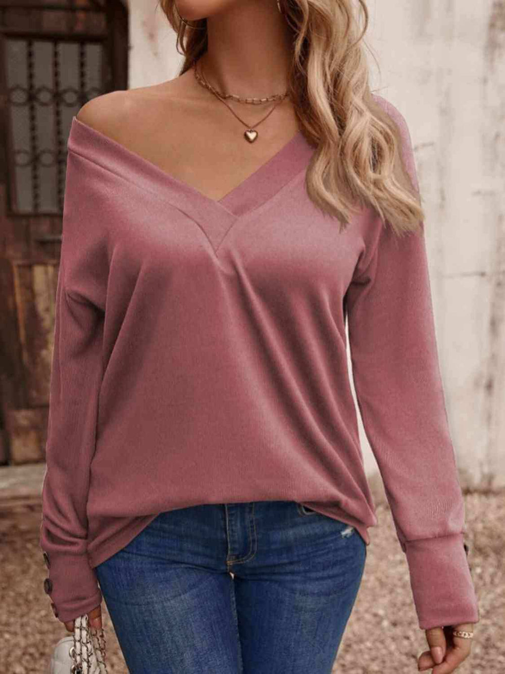 V-Neck Long Sleeve Top - Trendsi - Flyclothing LLC
