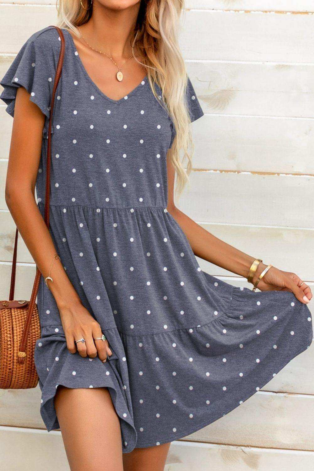 Polka Dot V-Neck Flutter Sleeve Mini Dress - Trendsi - Flyclothing LLC