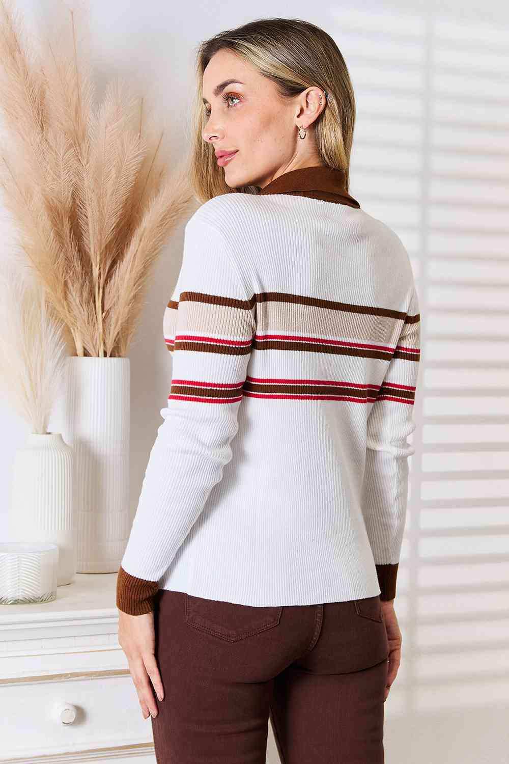 Basic Bae Striped Collared Neck Rib-Knit Top - Trendsi - Flyclothing LLC