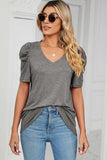Heathered V-Neck Puff Sleeve T-Shirt - Trendsi - Flyclothing LLC