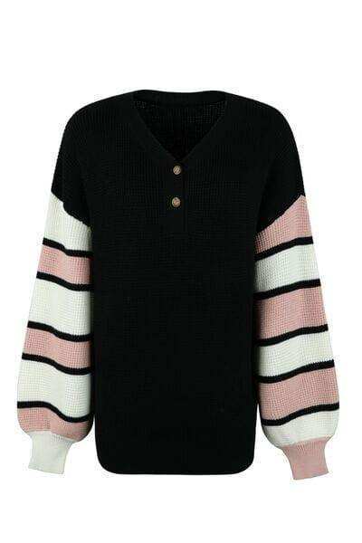 Color Block V-Neck Dropped Shoulder Sweater - Trendsi - Flyclothing LLC
