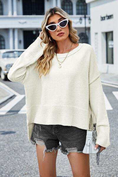 High-Low Slit Round Neck Long Sleeve Sweater - Trendsi - Flyclothing LLC