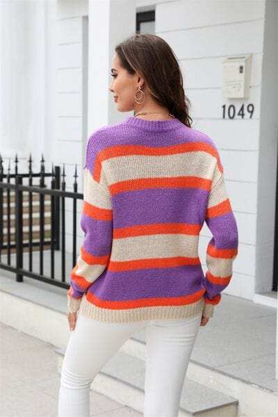 Color Block Round Neck Dropped Shoulder Sweater - Trendsi - Flyclothing LLC
