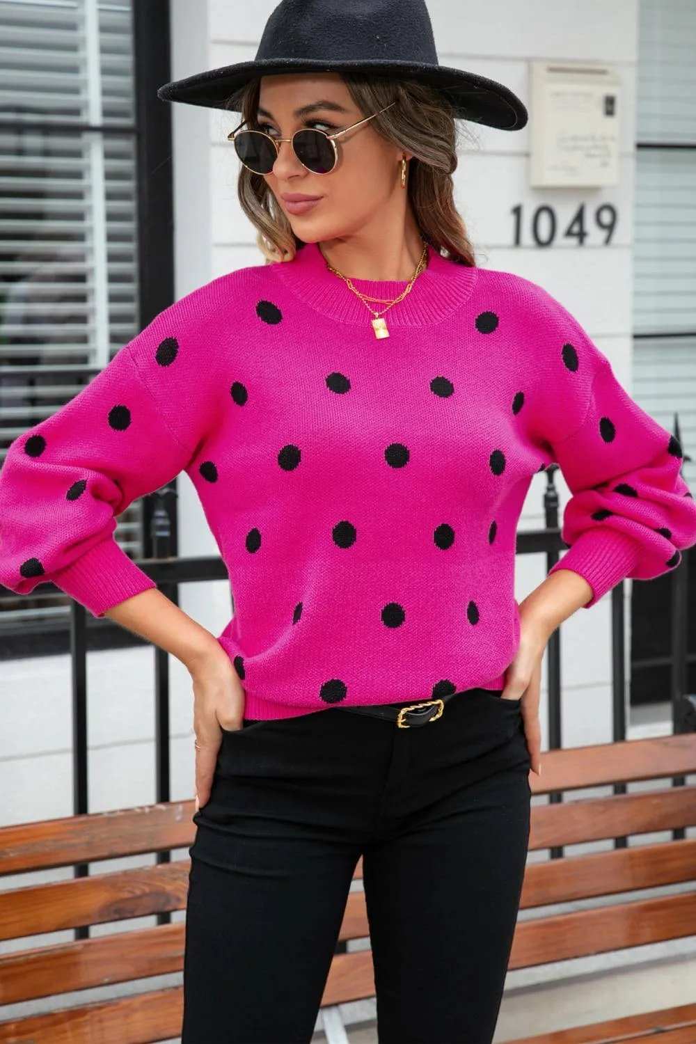 Polka Dot Round Neck Dropped Shoulder Sweater - Trendsi - Flyclothing LLC