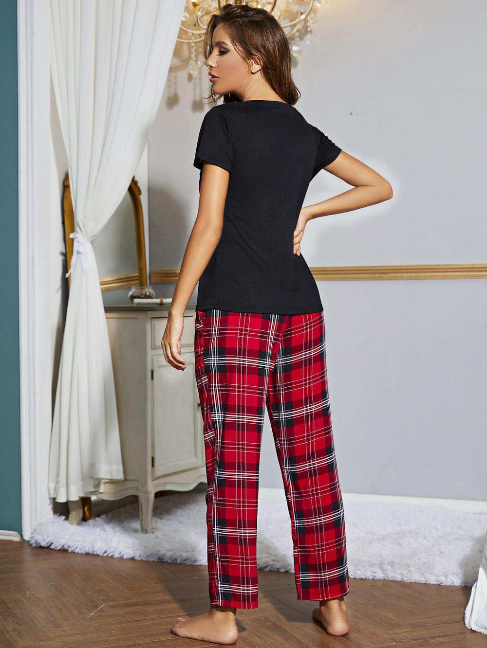 Heart Graphic V-Neck Top and Plaid Pants Lounge Set - Trendsi - Flyclothing LLC