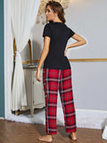 Heart Graphic V-Neck Top and Plaid Pants Lounge Set - Trendsi - Flyclothing LLC