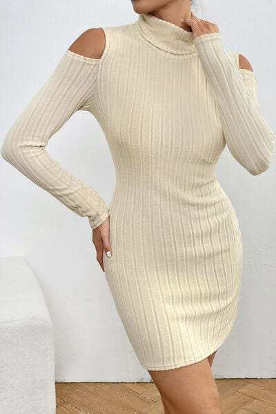 Ribbed Turtleneck Cold Shoulder Long Sleeve Mini Dress - Trendsi - Flyclothing LLC