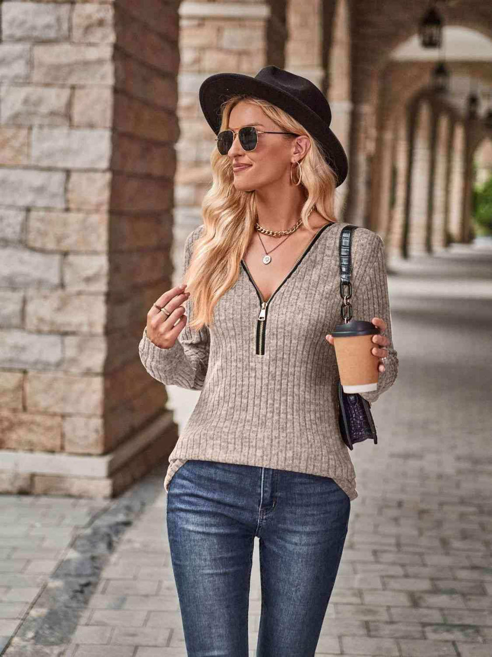 Half-Zip V-Neck Long Sleeve Top - Trendsi - Flyclothing LLC