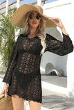 Openwork Scalloped Trim Long Sleeve Cover-Up Dress - Trendsi - Flyclothing LLC
