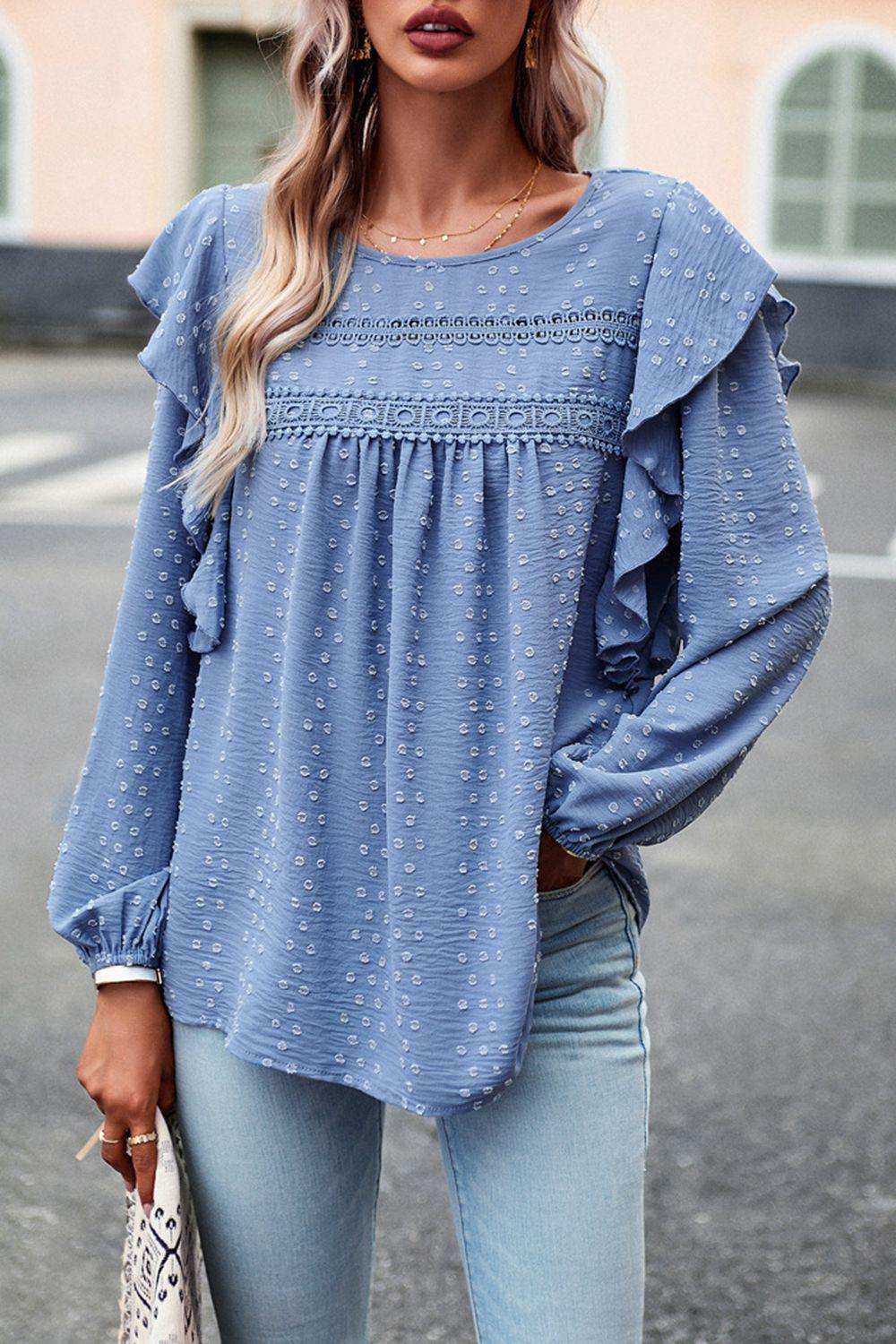 Ruffle Trim Balloon Sleeve Blouse - Trendsi - Flyclothing LLC