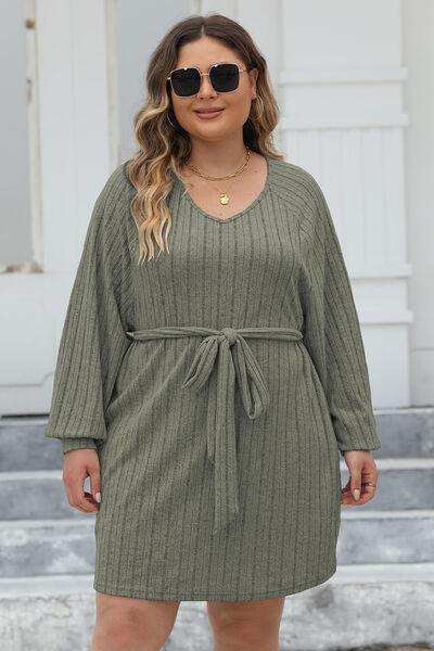 Plus Size Ribbed Tie Front Long Sleeve Sweater Dress - Trendsi - Flyclothing LLC