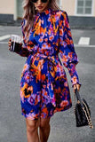 Printed Tie Waist Mock Neck Lantern Sleeve Dress - Trendsi - Flyclothing LLC