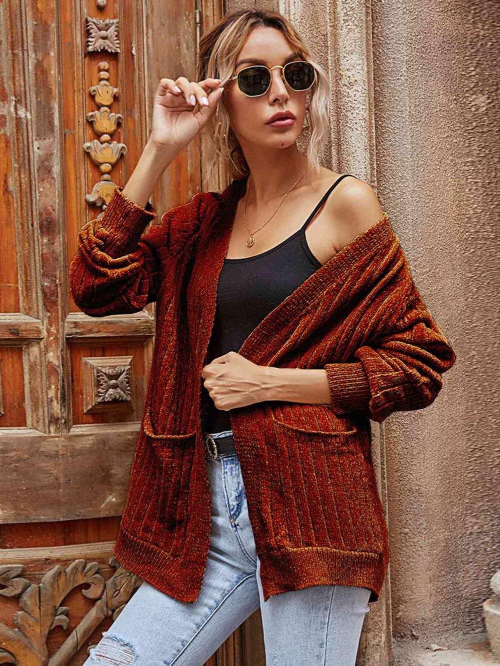 Ribbed Open Front Long Sleeve Cardigan with Pockets - Trendsi - Flyclothing LLC