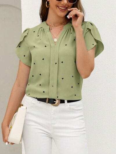 Heart Print Notched Petal Sleeve Blouse - Trendsi - Flyclothing LLC