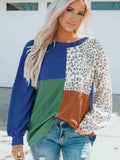 Color Block Leopard Round Neck Sweatshirt - Trendsi - Flyclothing LLC