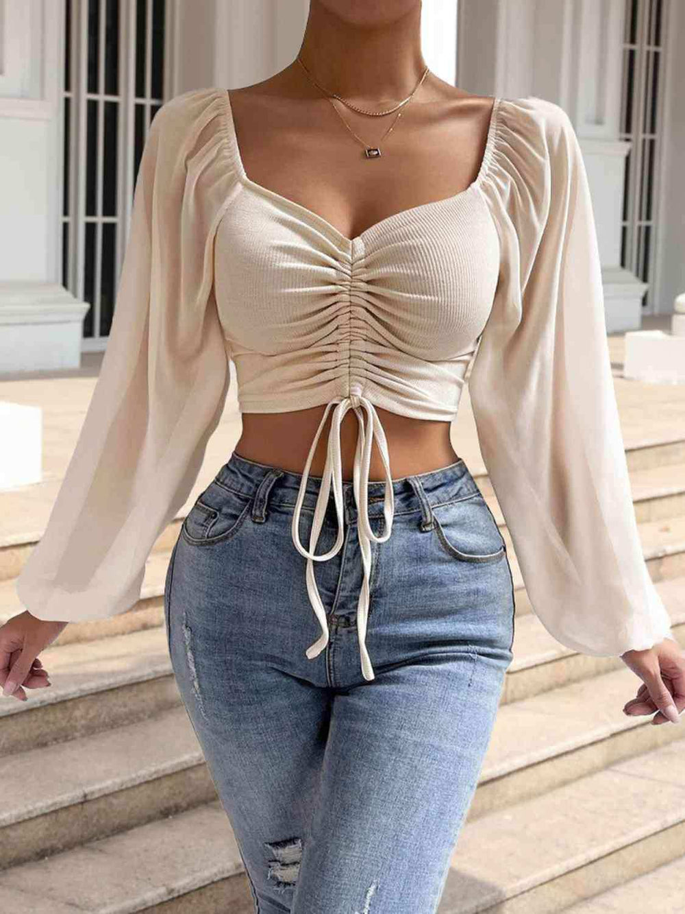 Drawstring Sweetheart Neck Cropped Top - Trendsi - Flyclothing LLC