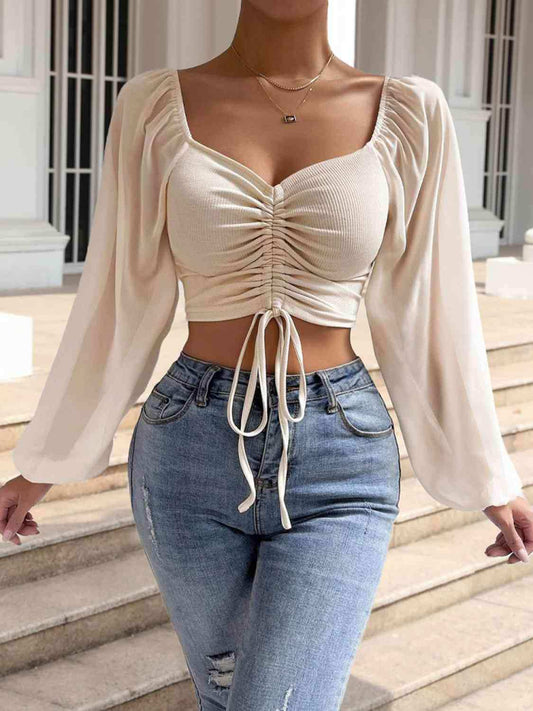 Drawstring Sweetheart Neck Cropped Top - Trendsi - Flyclothing LLC
