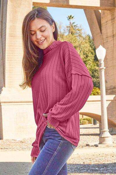 Basic Bae Full Size Ribbed Exposed Seam Mock Neck Knit Top - Trendsi - Flyclothing LLC