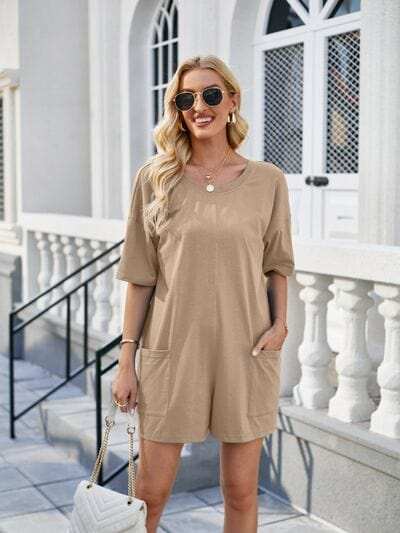 Backless Pocketed Round Neck Half Sleeve Romper - Trendsi - Flyclothing LLC