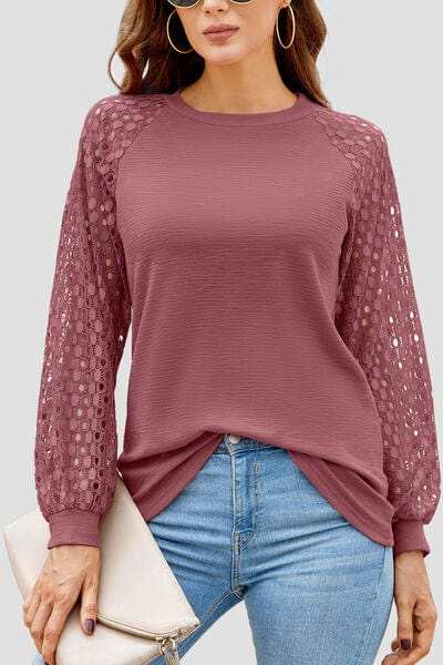 Full Size Eyelet Round Neck Long Sleeve T-Shirt - Trendsi - Flyclothing LLC