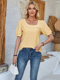 Eyelet Asymmetrical Neck Short Sleeve T-Shirt - Trendsi - Flyclothing LLC