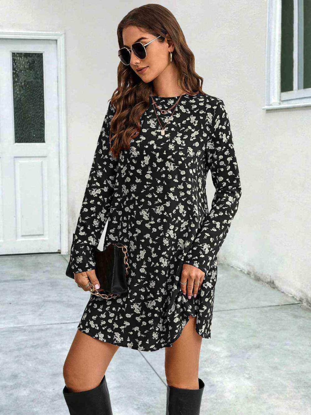 Round Neck Long Sleeve Mini Dress - Trendsi - Flyclothing LLC