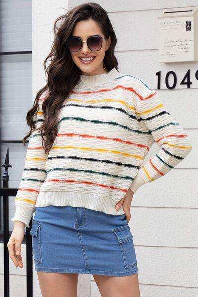 Striped Round Neck Long Sleeve Sweater - Trendsi - Flyclothing LLC