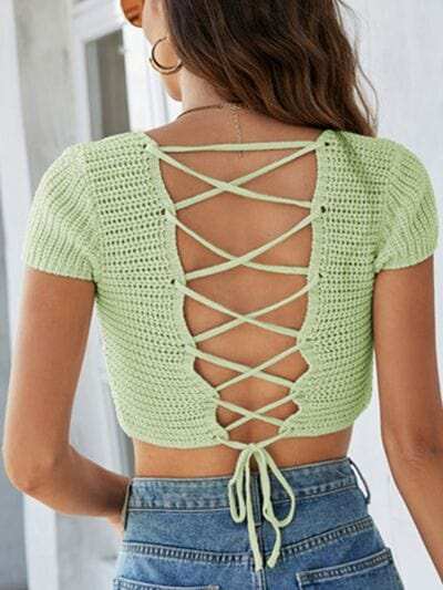 Lace-Up Openwork Square Neck Sweater - Trendsi - Flyclothing LLC