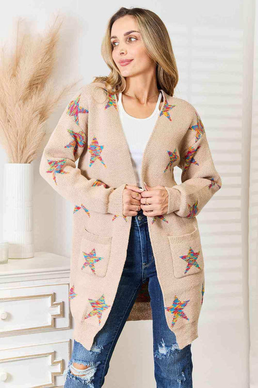 Double Take Star Pattern Open Front Longline Cardigan - Trendsi - Flyclothing LLC