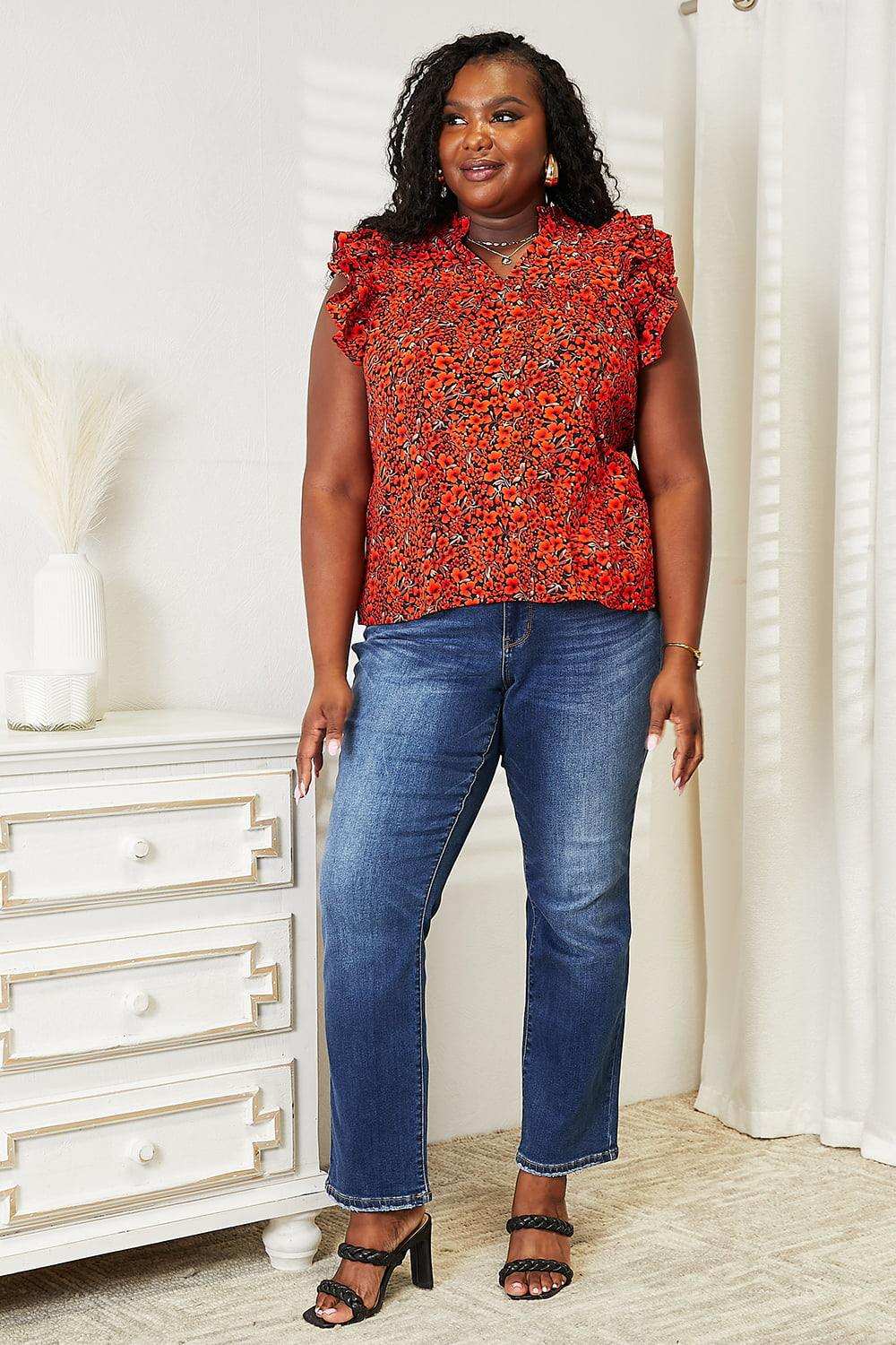 Double Take Floral Flutter Sleeve Notched Neck Blouse - Trendsi - Flyclothing LLC
